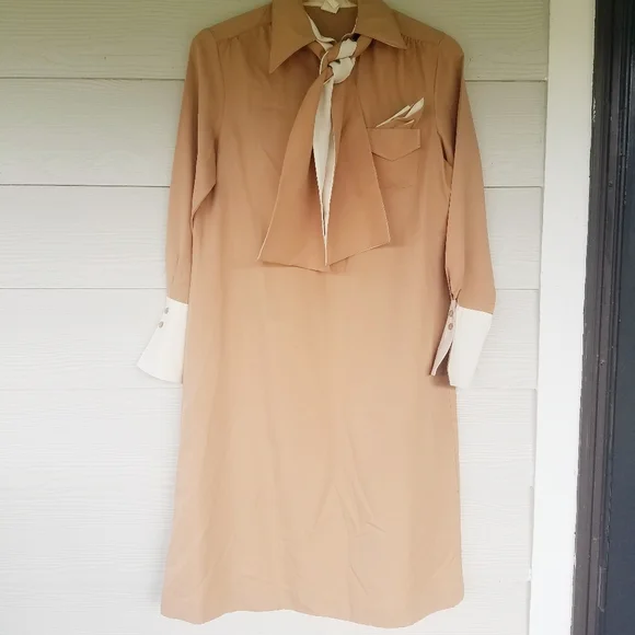 Vintage Dress Collared With Matching Kerchief And Belt/Bow Pink Mauve - Picture 4 of 16